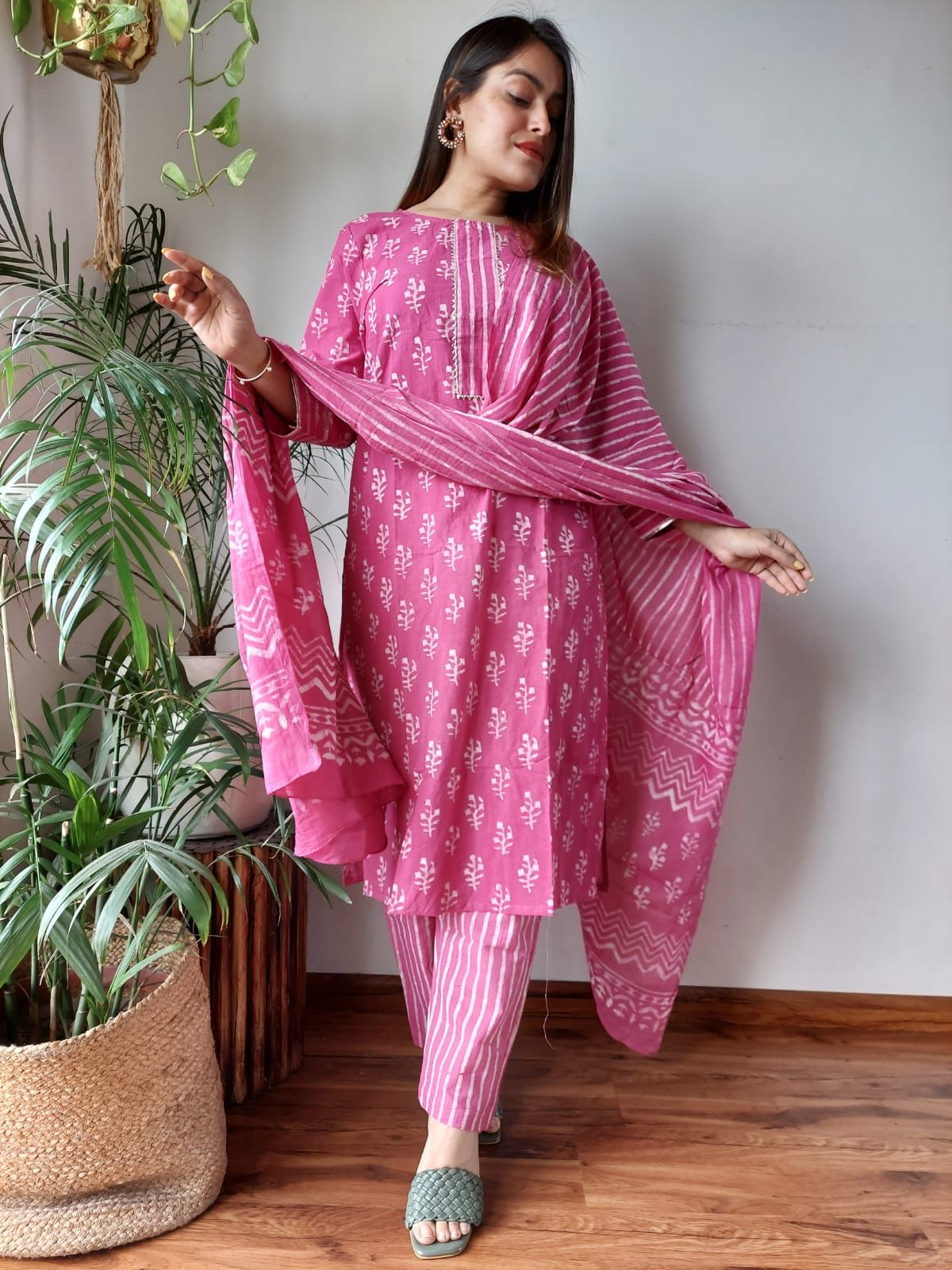 Pink Stitched Cotton Suit Set