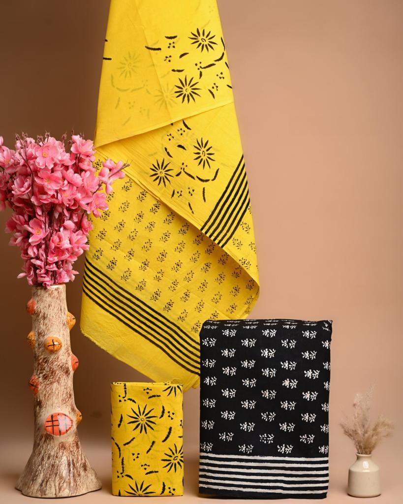Black and Yellow Cotton Salwar Suit Unstitched set