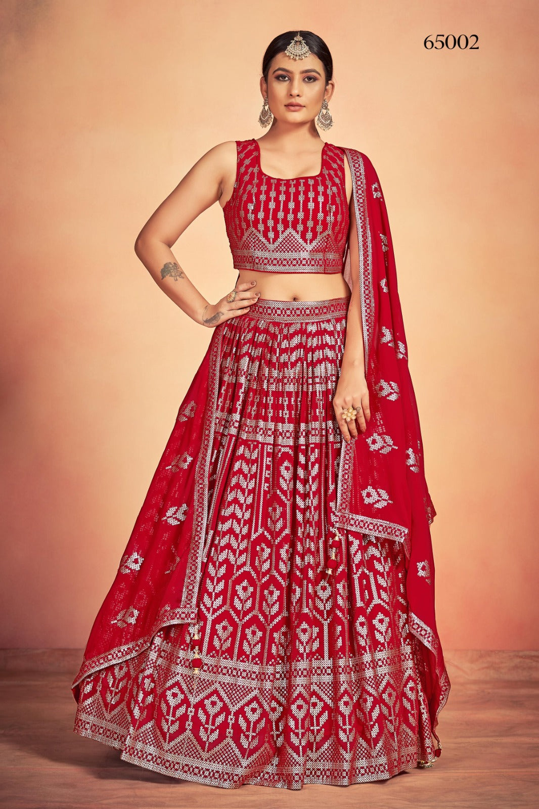 Georgette Lehenga With Sequins Work In Red
