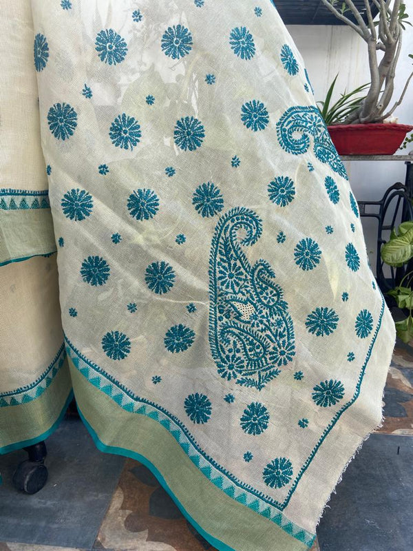 Kota Doria Embroidery Work Sari In White