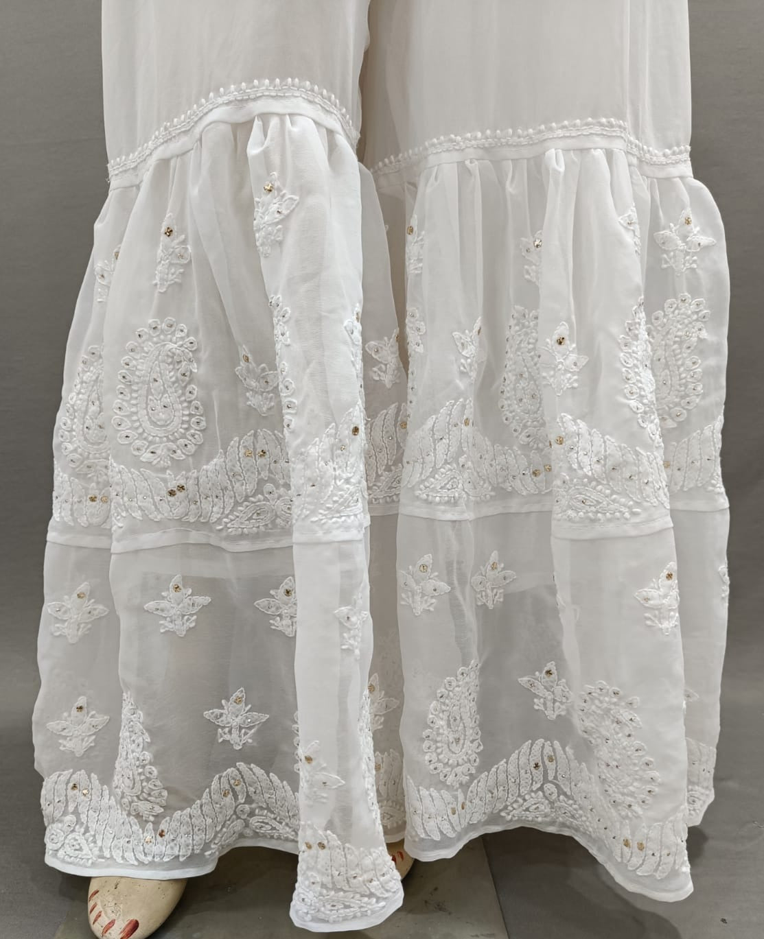 White chikankari sharara With gota work