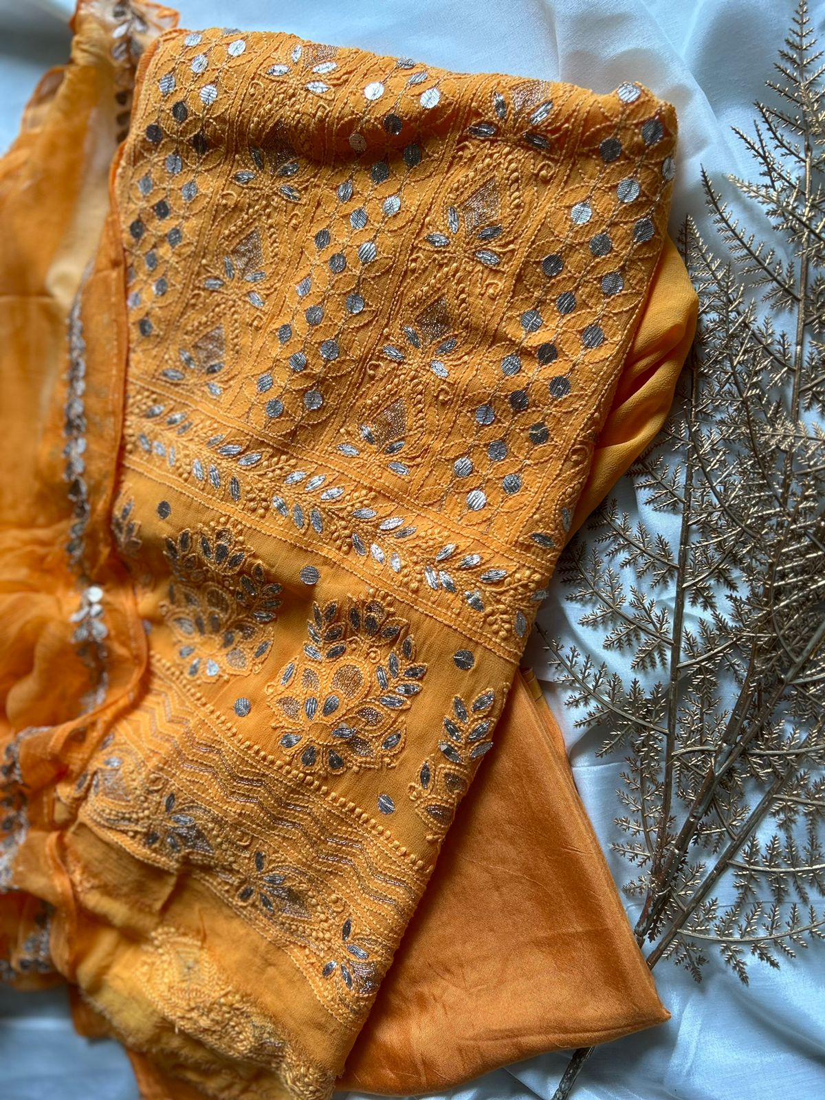 Gerua Orange Georgette Chinkari Gota Patti Unstitched Salwar Suit online