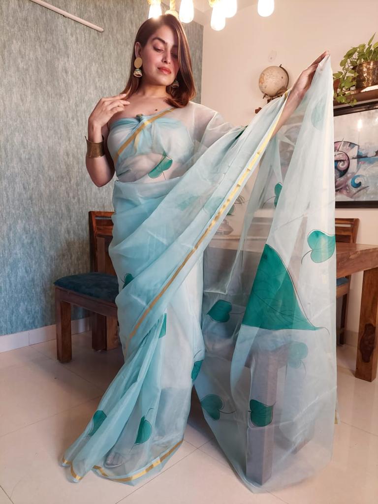 Organza Hand Painted Saree In Light Blue