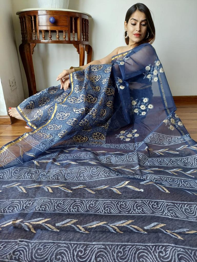 Organza Hand Painted Saree In Blue