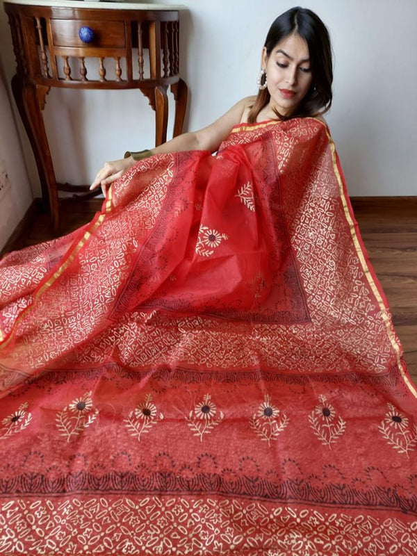 Organza Hand Painted Saree In Red