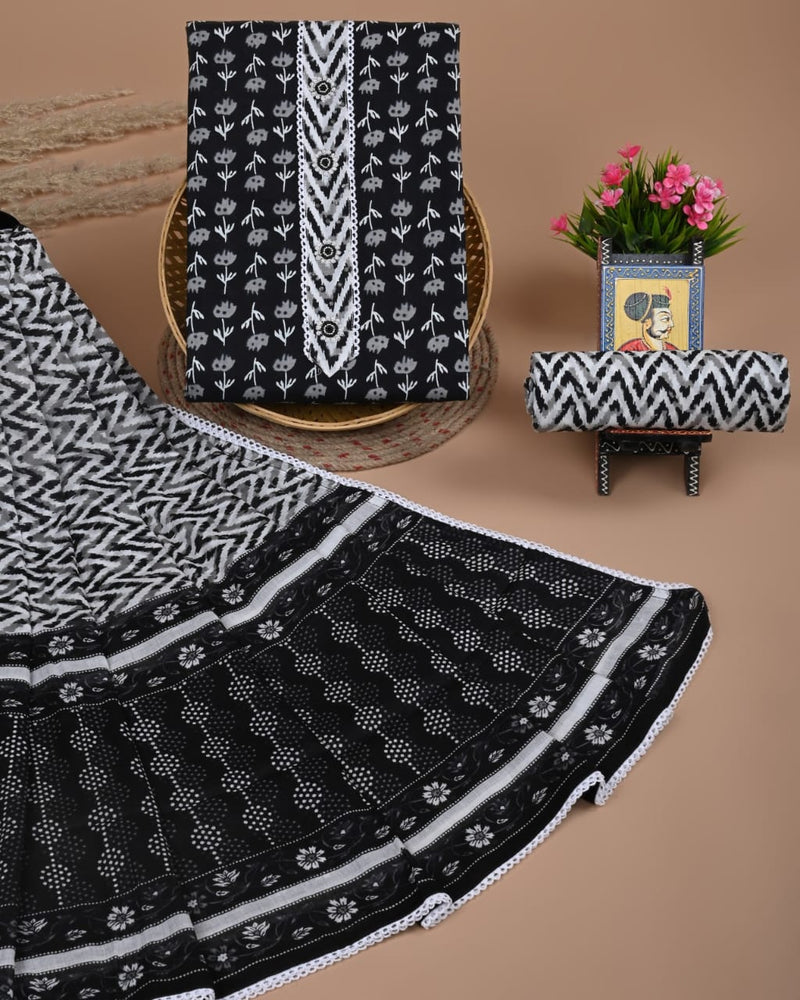 White And Black Unstitched Cotton Dress Material