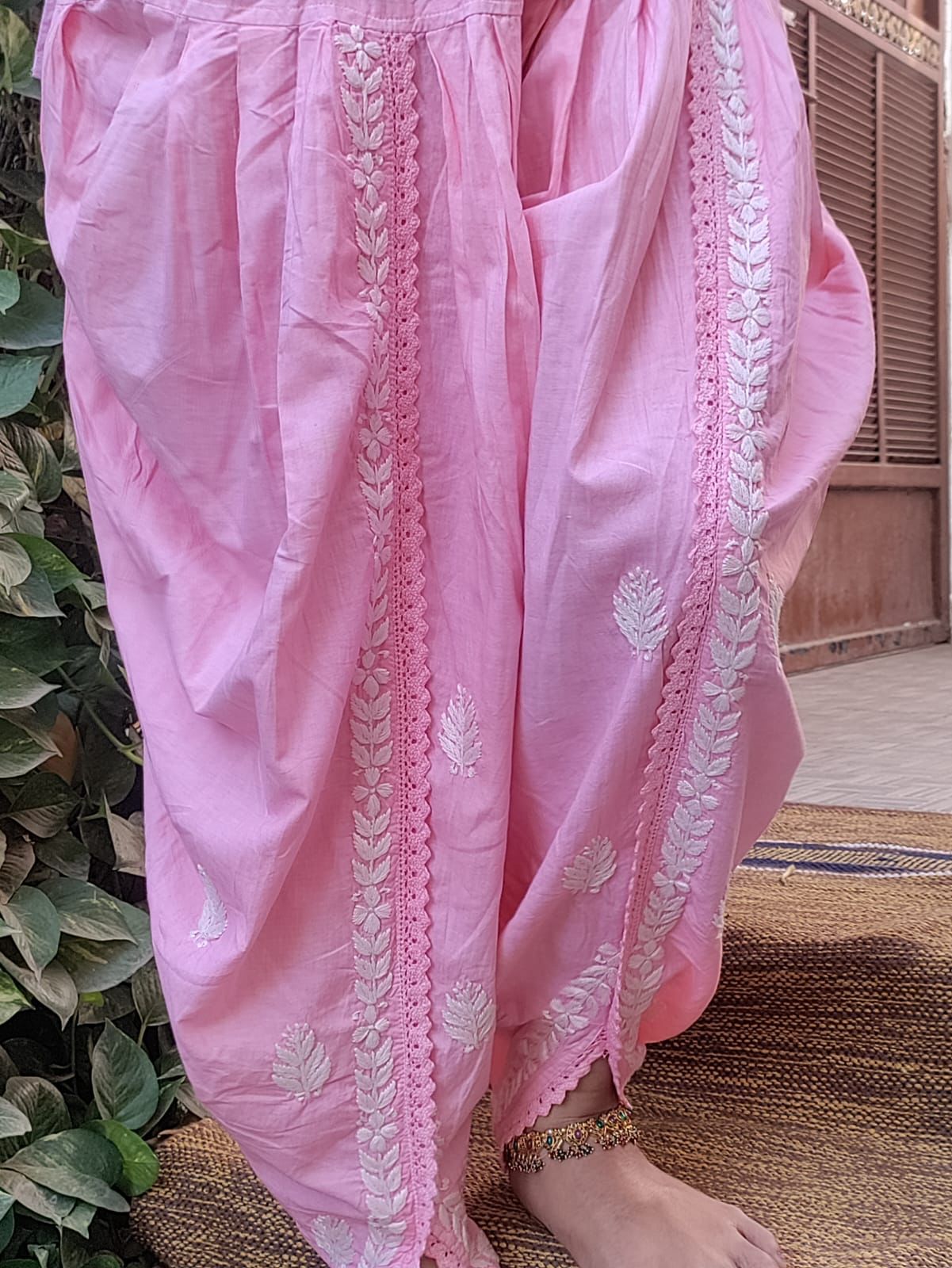 White hand embroidery on Pink Dhoti salwar 
