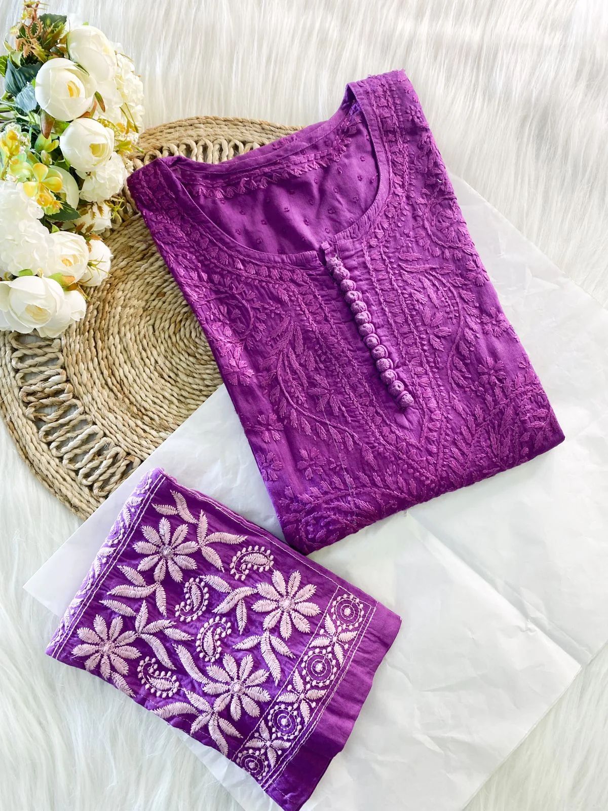 Chikankari cotton Kurti With Pant in Purple