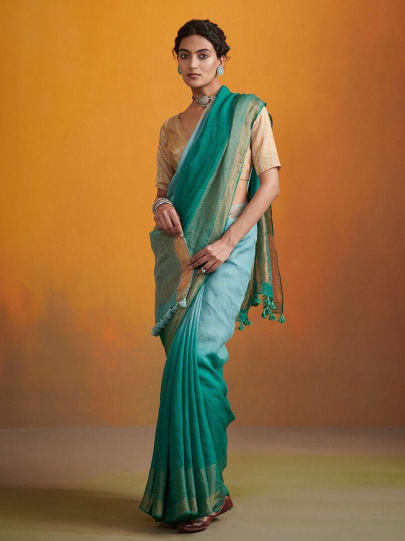 Summer Green and Blue Linen saree
