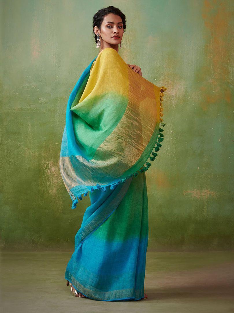Summer Pure Linen saree in Omber Shades Green Blue