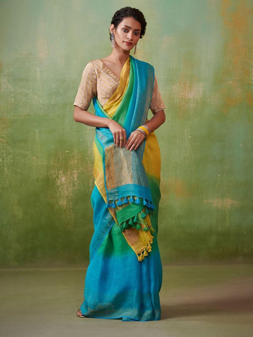 Summer Pure Linen saree in Omber Shades Green Blue
