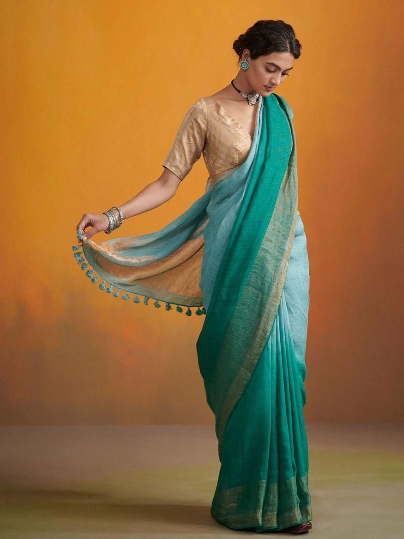 Summer Green and Blue Linen saree