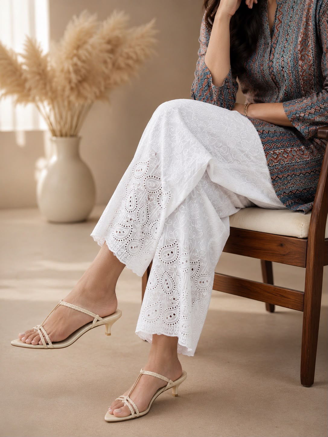 Ojasvi White Full Chikankari Embroidery Work Straight Pant In Cotton For Women