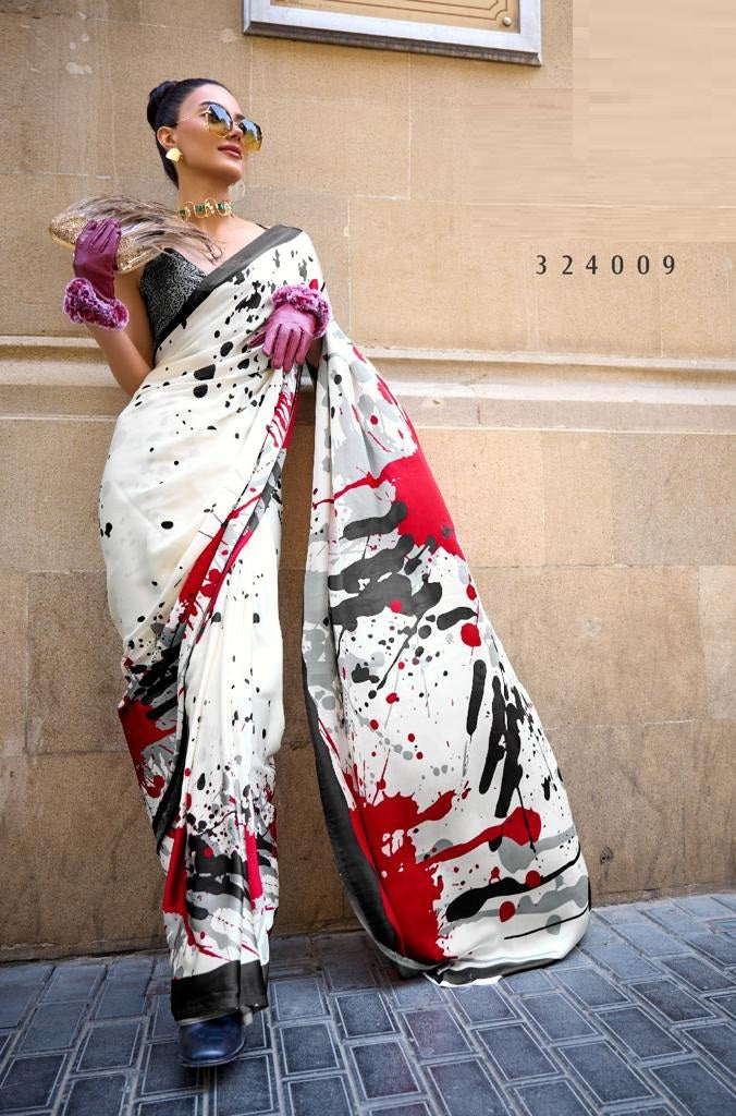 White Digital Print Satin Crepe Saree