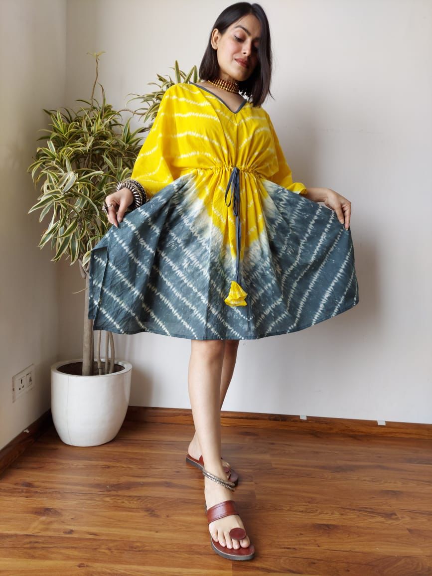 Short Cotton Kaftan in Yellow