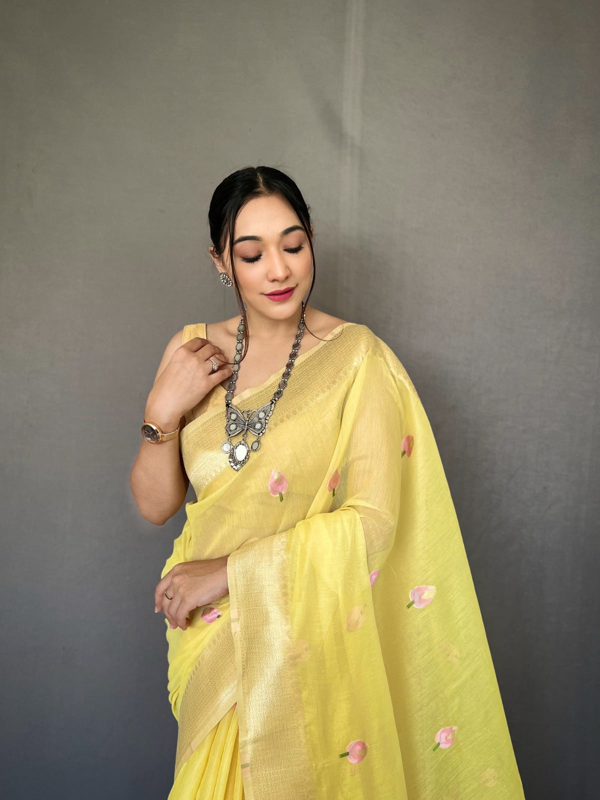 Pure linen Cotton saree in Yellow