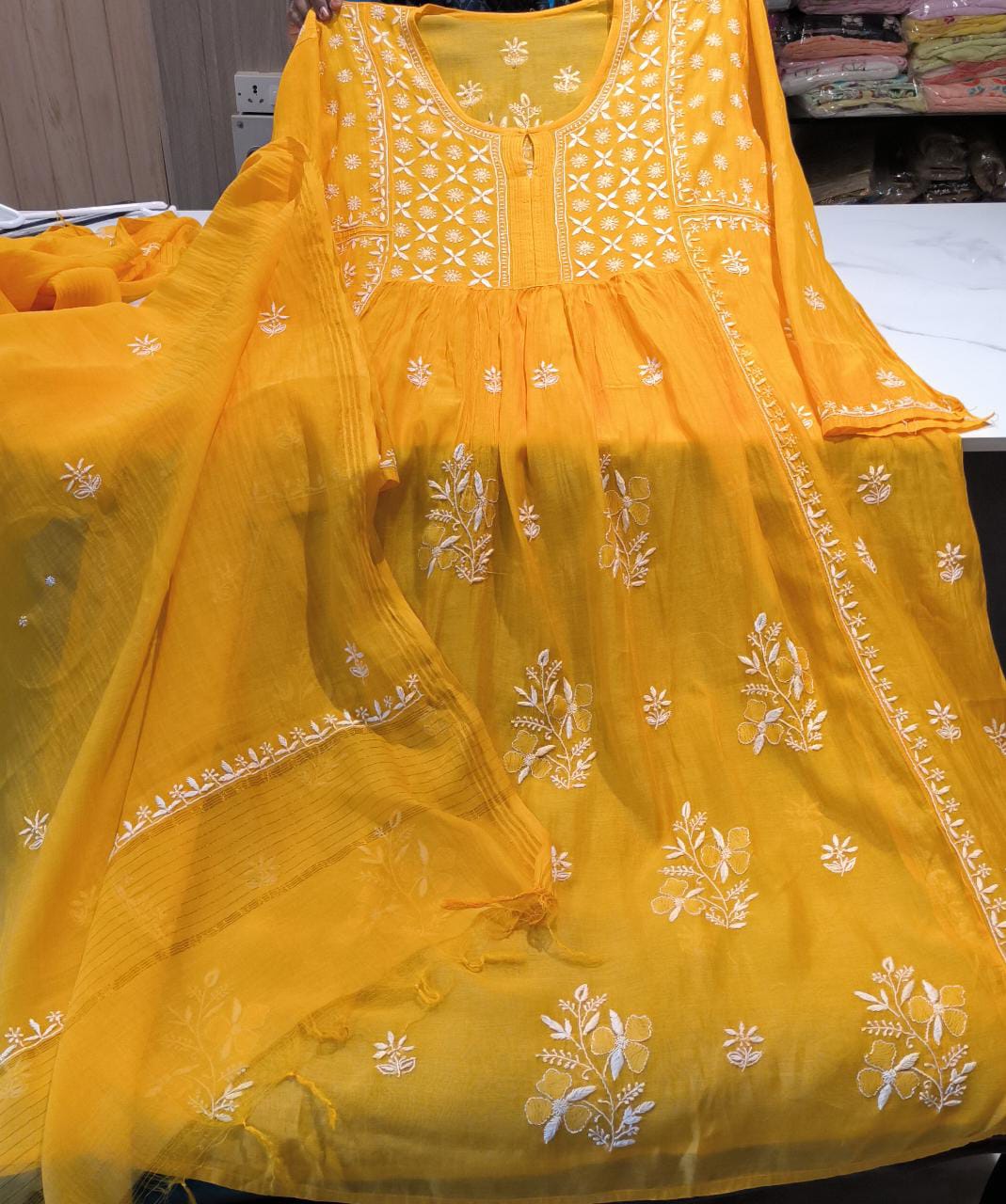 Yellow Chikankari Work Semi Stitched Salwar Suit