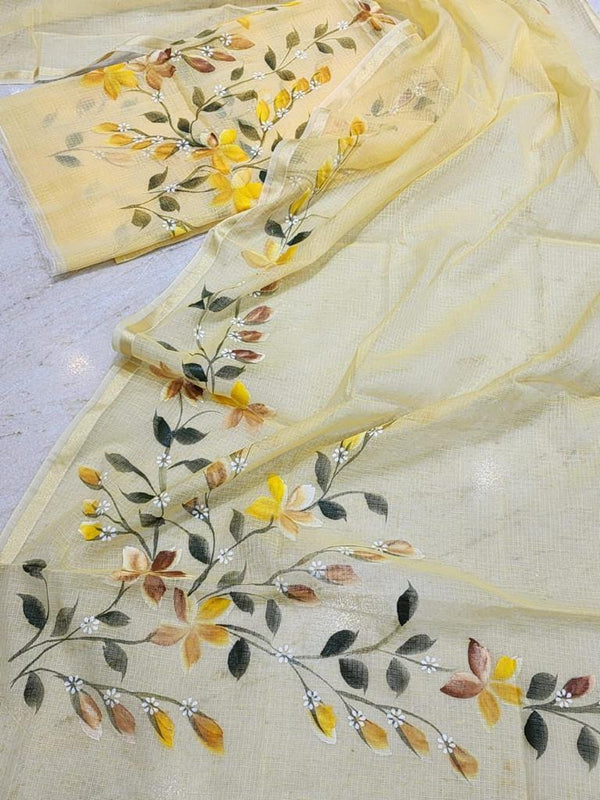 Yellow Kota Doria Hand Painting Suit Set