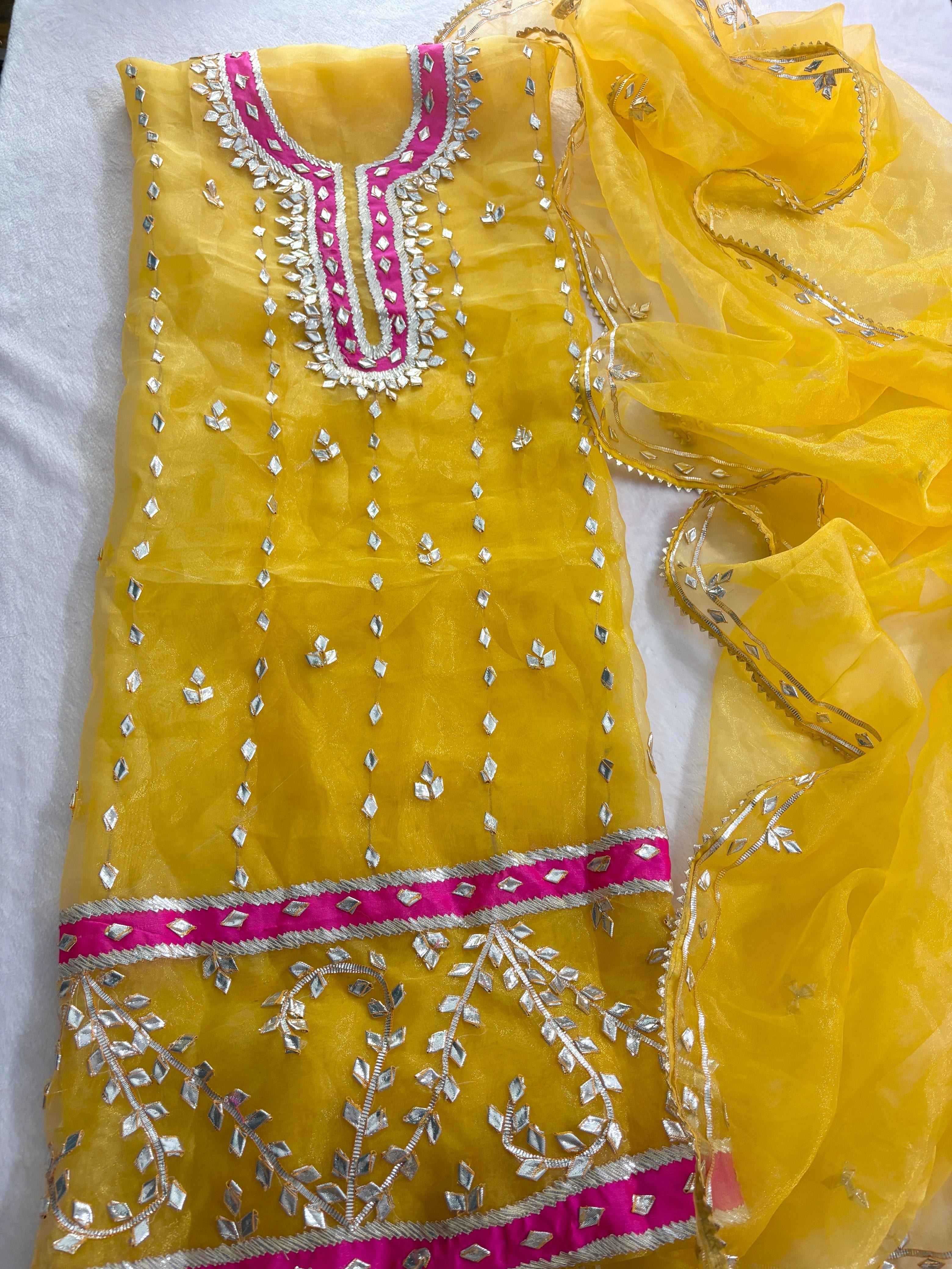 Yellow Hand Gota Patti Organza Suit