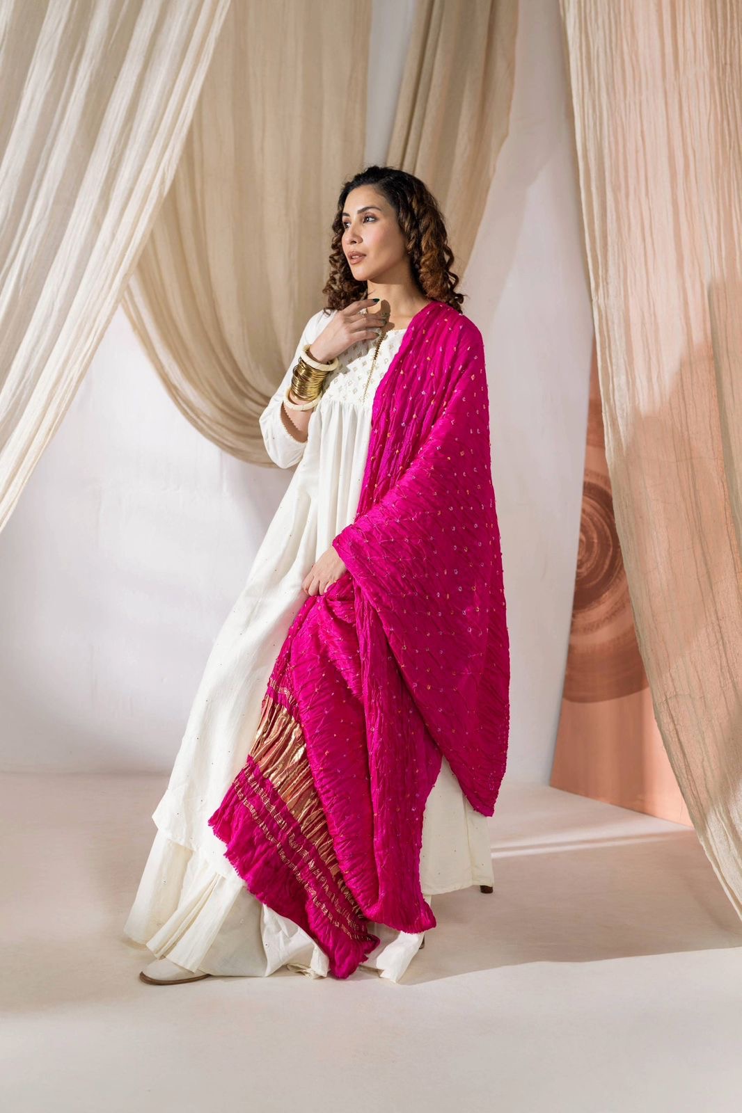 Pink Pure Modal Silk Bandhej Dani Dupatta