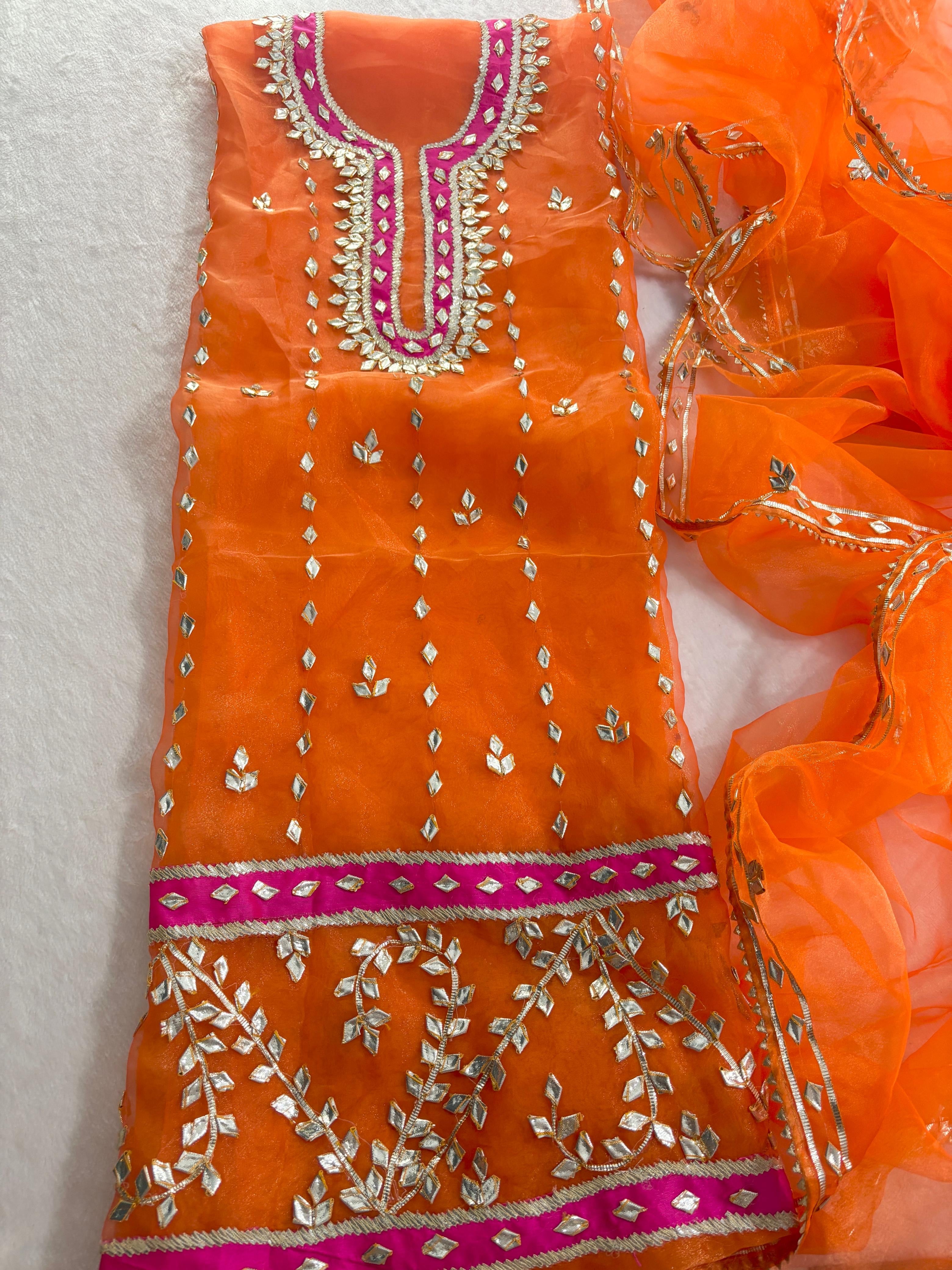 Orange Hand Gota Patti Organza Suit