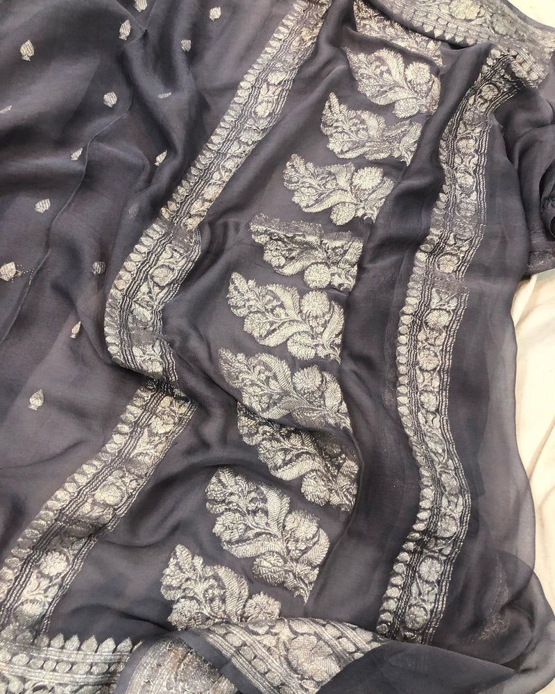 Grey Banarsee Khaddi Chiffon Saree
