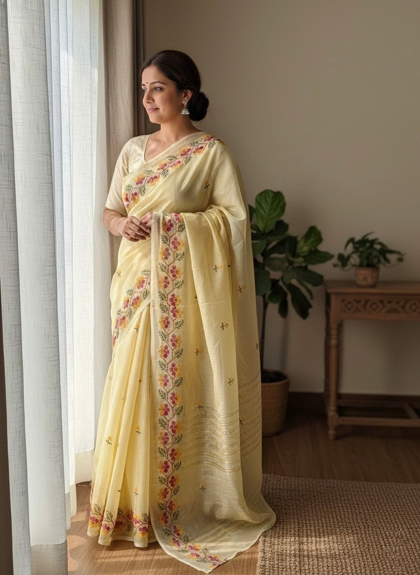 Leher- Cross Stitch Kota Doria Embroidery Work Saree In Yellow
