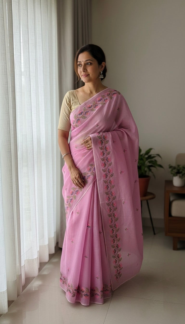 Rangoli- Cross Stitch Kota Doria Embroidery Work Saree In Pink