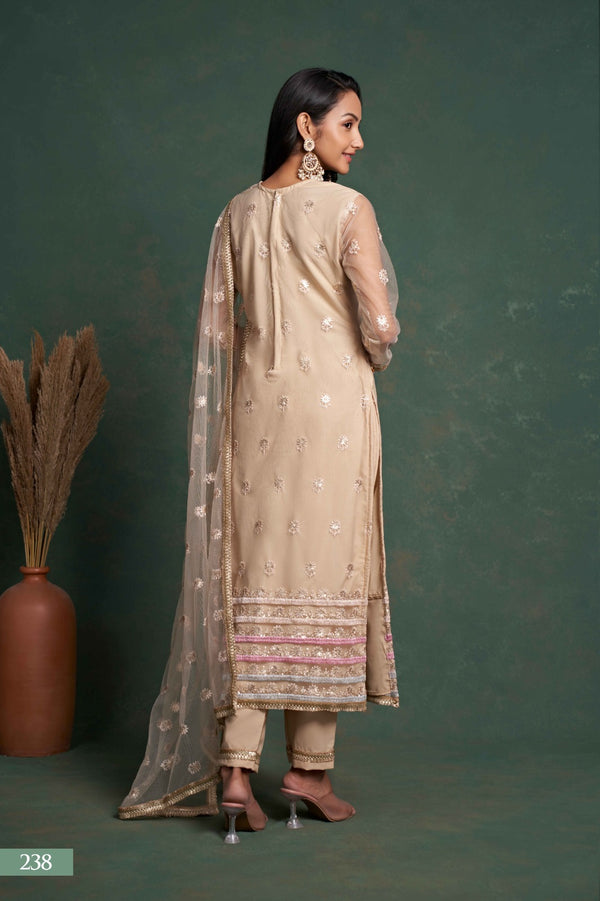 Sequins Suit Set with Embroidery Work in Cream [Semi-Stitched]