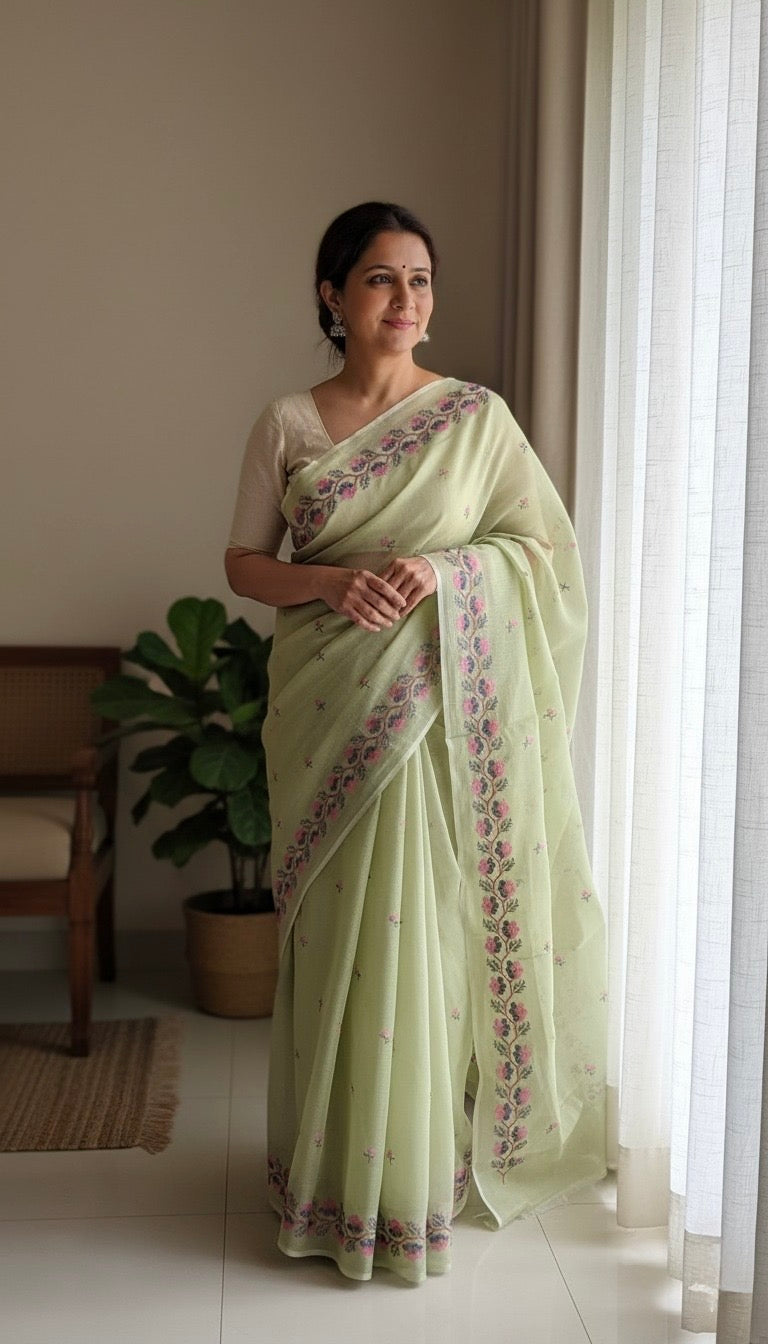 Chitralekha- Cross Stitch Kota Doria Embroidery Work Saree In Pista Green