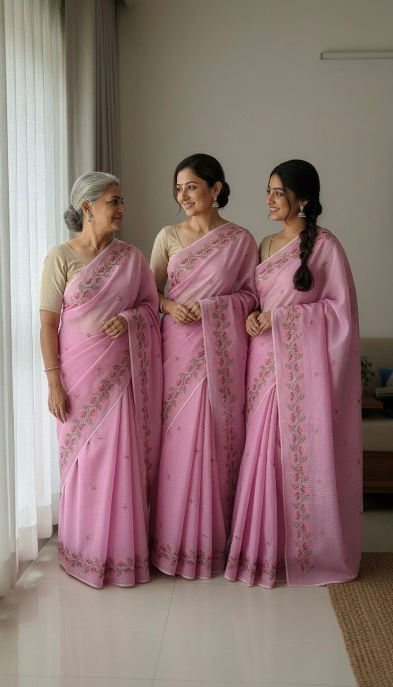 Rangoli- Cross Stitch Kota Doria Embroidery Work Saree In Pink