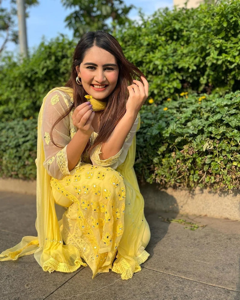 Yellow Mirror Work Chikankari Sharara Set