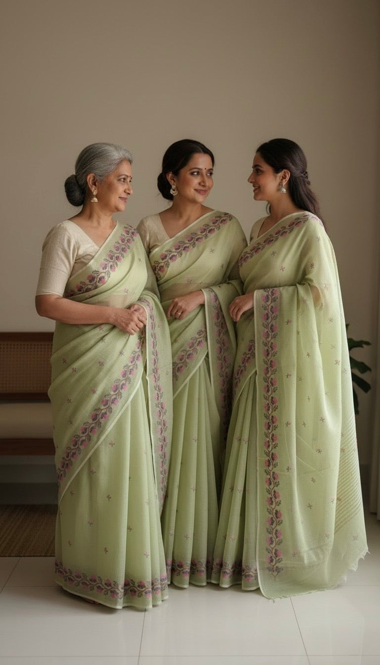 Chitralekha- Cross Stitch Kota Doria Embroidery Work Saree In Pista Green
