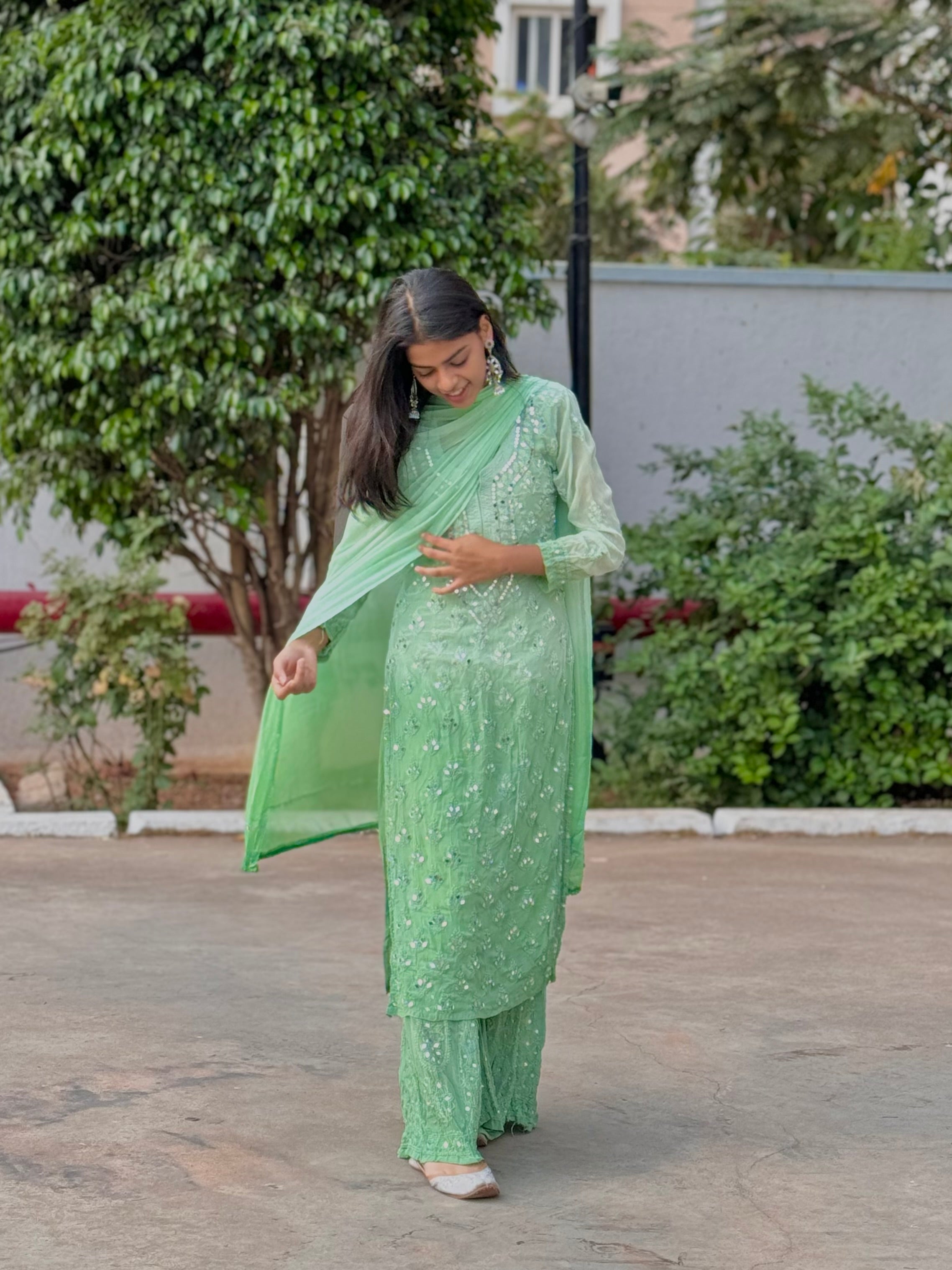 Pista Green Mirror Work Chikankari Sharara Set