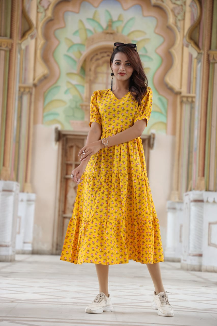 Yellow Bagru Print Cotton Dress