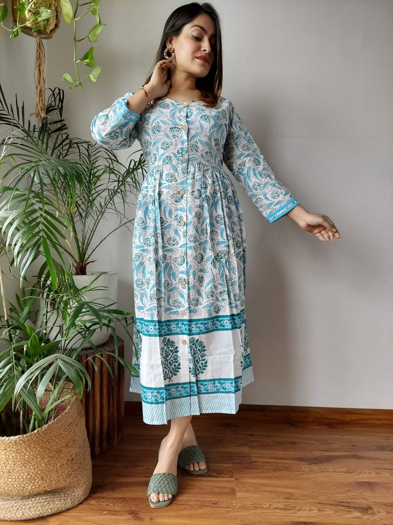 White Bagru Print Cotton Dress