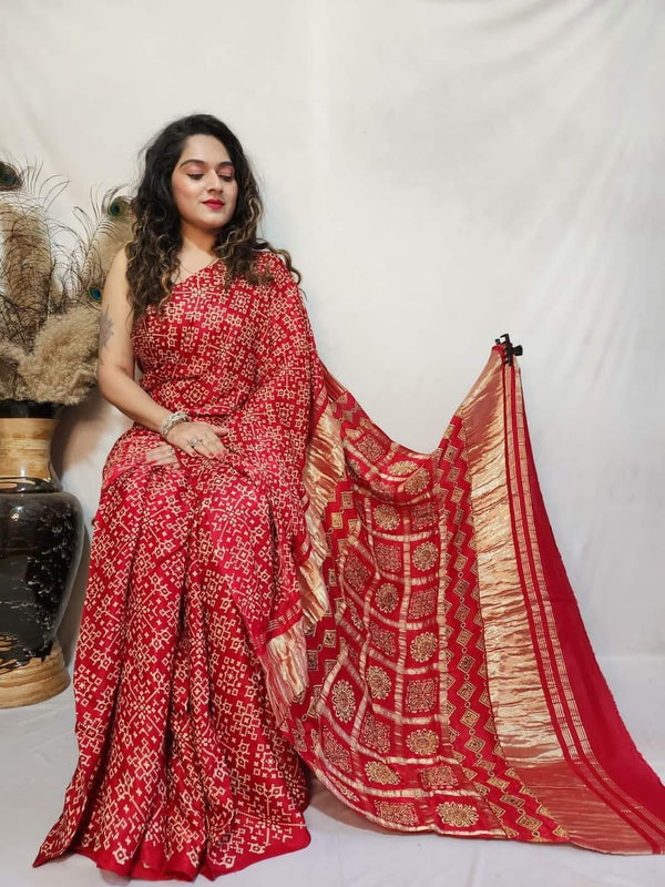 Red Bandhani Silk Saree