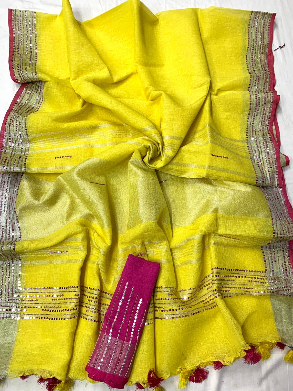 Linen Embroidery Saree In Lemon Yellow