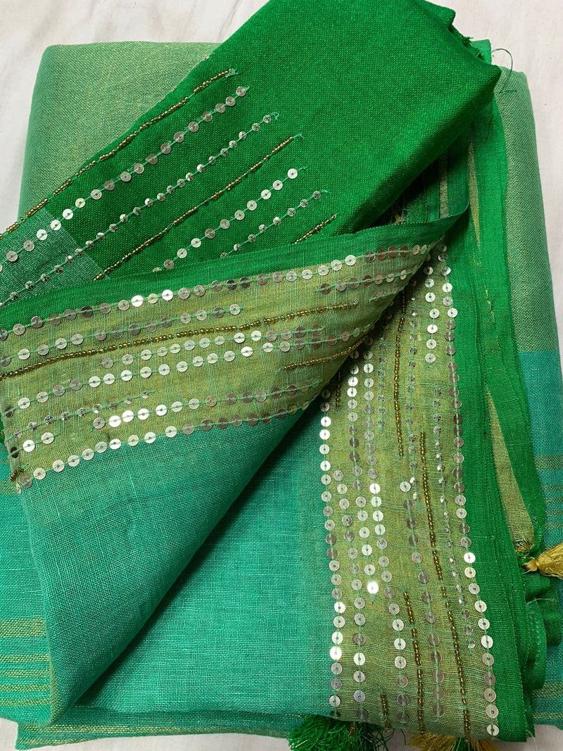 Green And Pink Linen Embroidery Saree