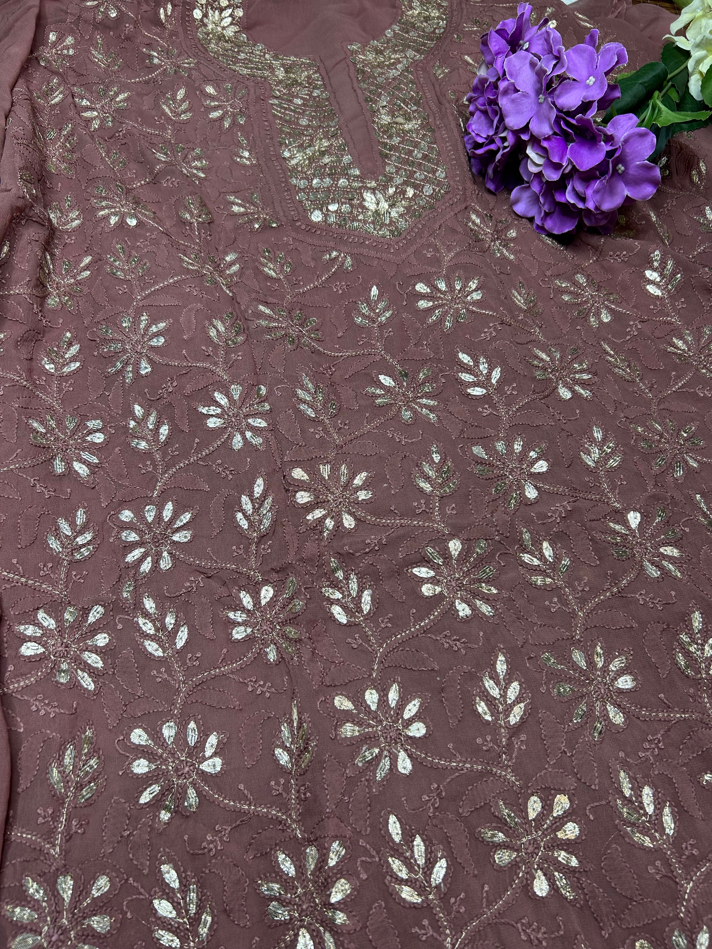 Chestnut Brown Gota work Chinkari on unstitched salwar kameez fabric
