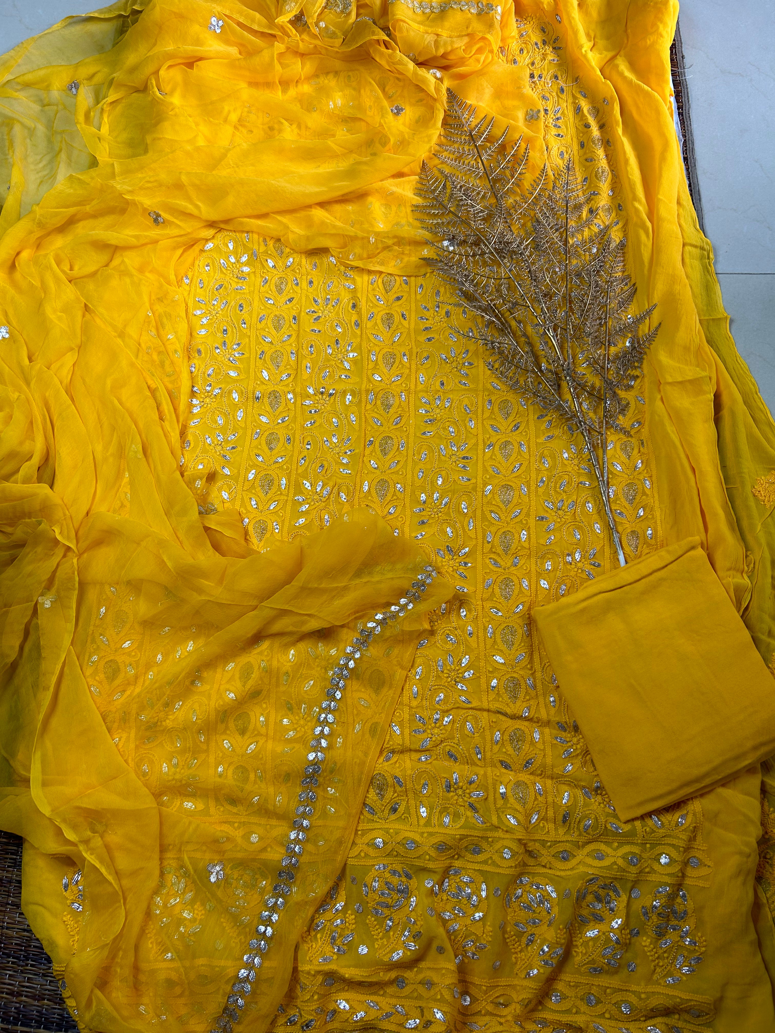 Mustard Yellow Lucknowi Chikankari Gota Patti Unstitched Salwar Suit Online