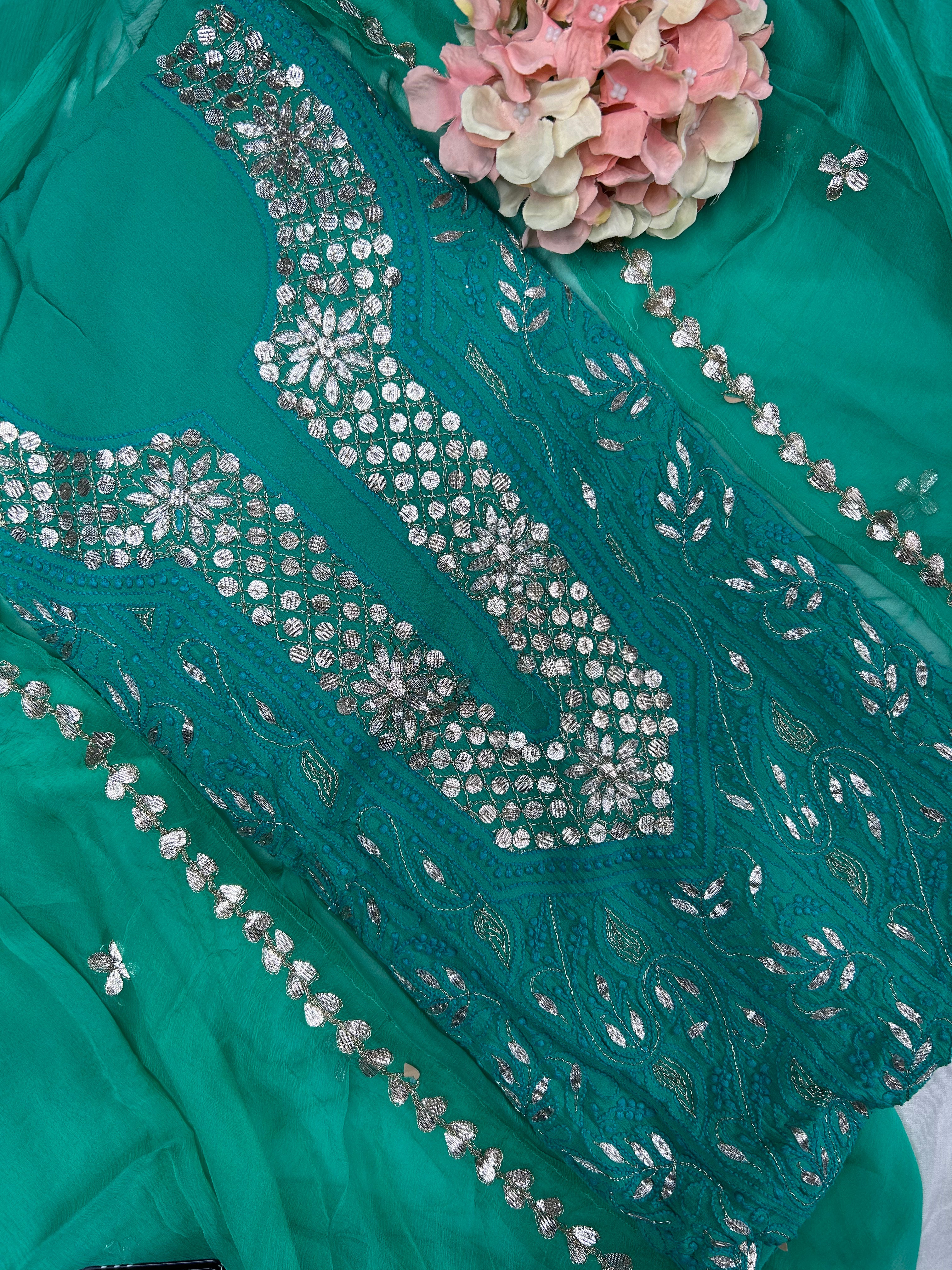 Teal Green Lucknowi Gota work Unstitched salwar suit set