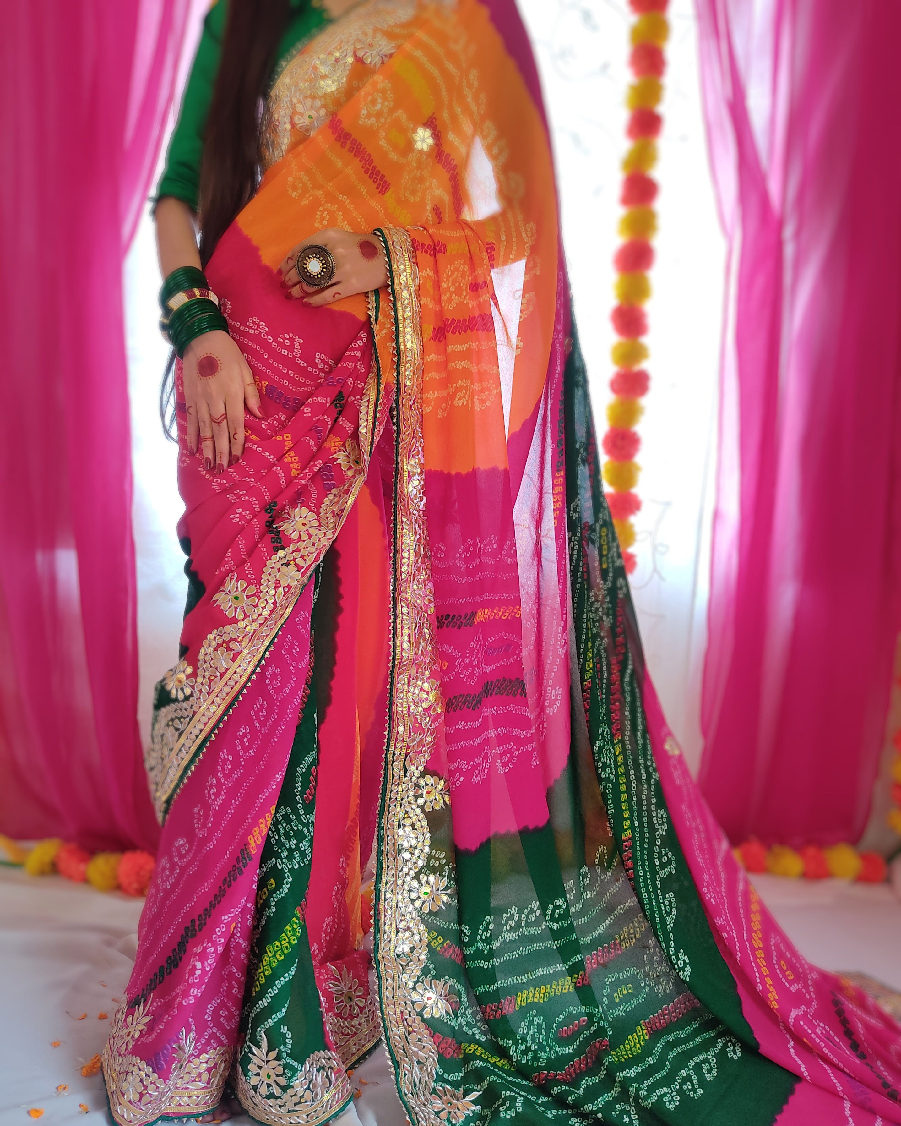 Georgette Multi Color Bandhej Saree by online shop