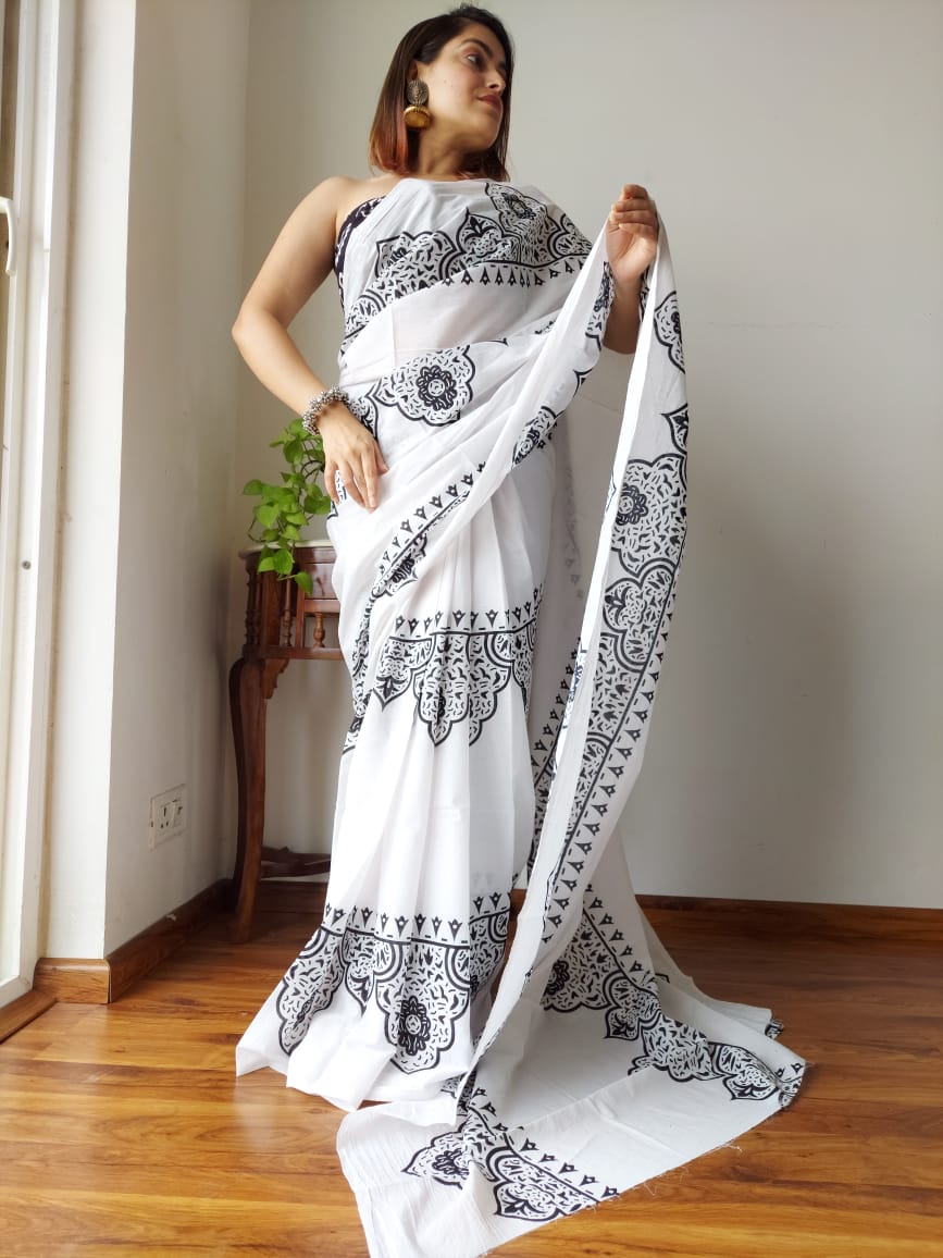 Beautiful Black and White Cotton Silk Saree– Lotus Fashion