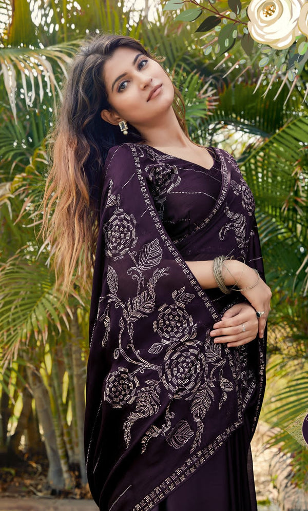 Designer Purple Satin Silk Saree