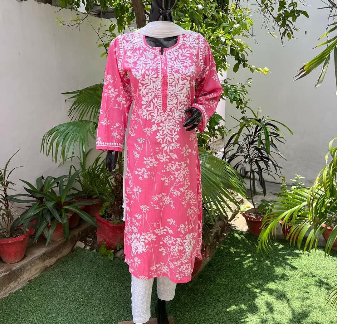 Floral Orange Lucknowi Chikankari Kurti Set In Mulmul Cotton