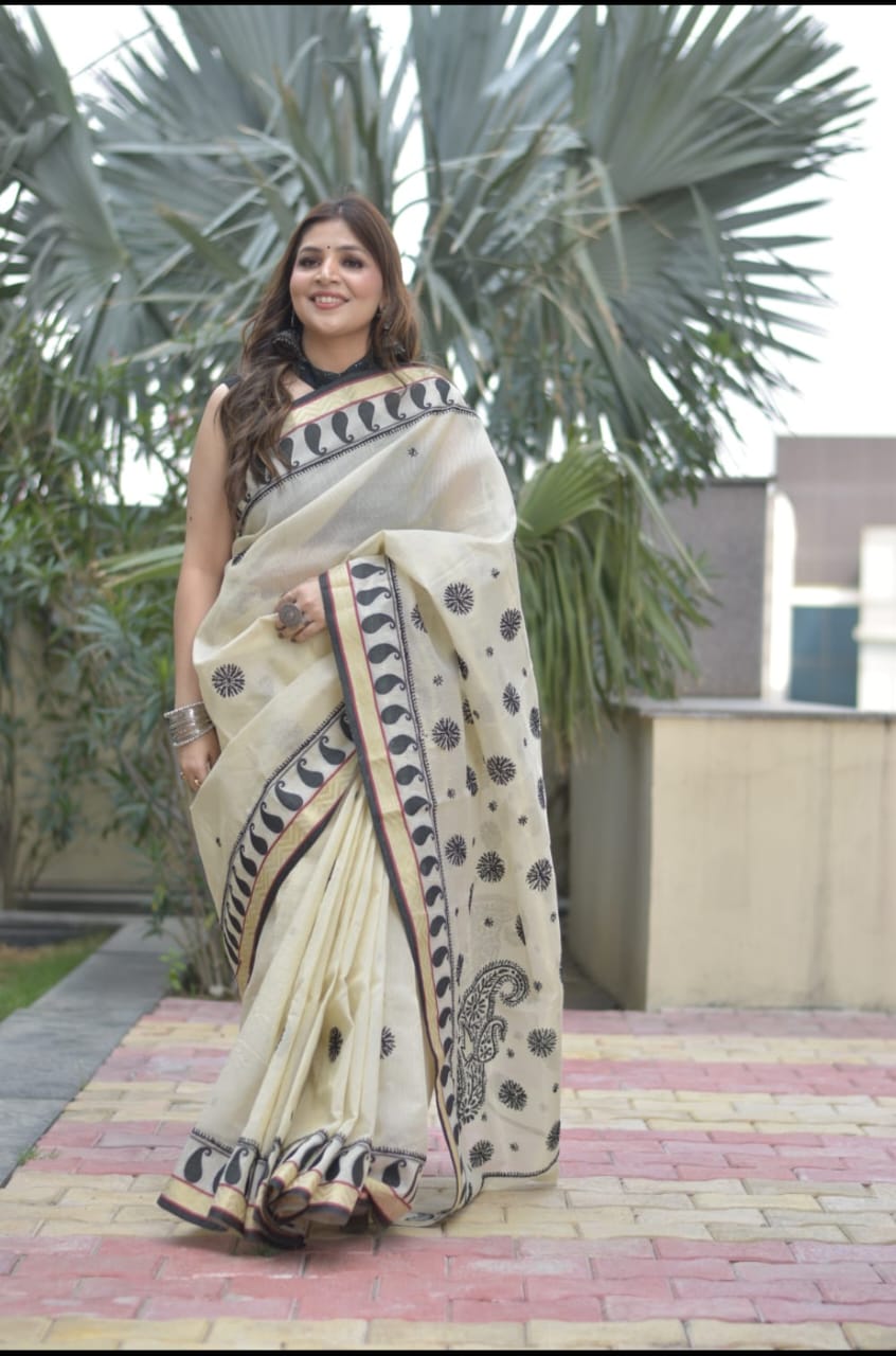 Cream Base Modal Silk Saree with Big Black Floral Print - Byhand Kochi