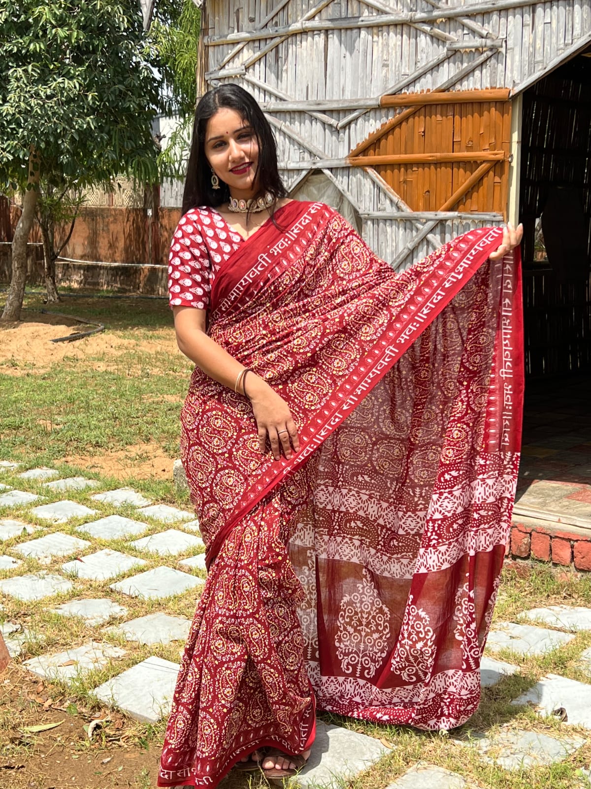 Red Cotton Block Print Saree