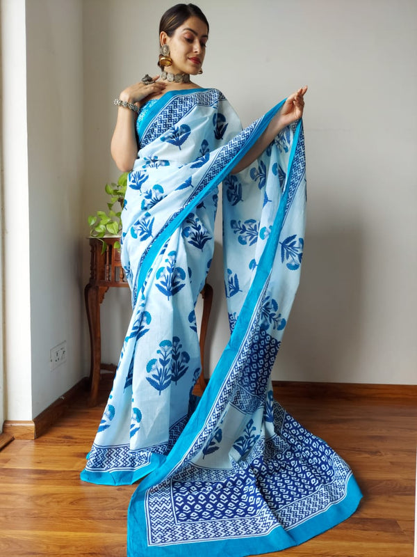Skyblue White Cotton Saree