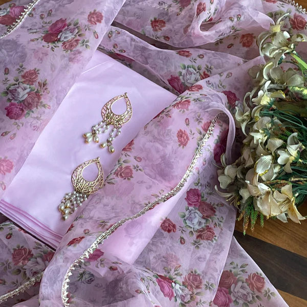 Pink Floral Organza Dupatta Suit